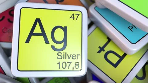 Silver Ag block on the pile of periodic table of the chemical elements blocks イラスト素材