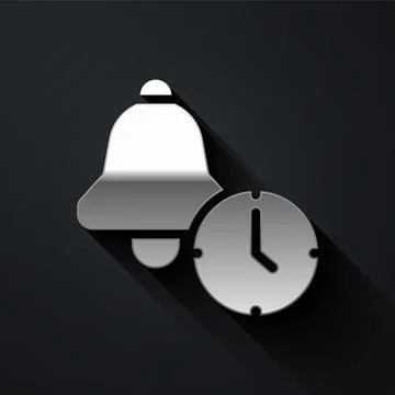 Silver Alarm clock icon isolated on black background. Wake up, get up conce.. Illustrazione stock