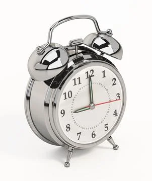 Silver alarm clock isolated on white background. 3D illustration Stock Illustration