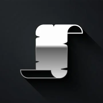 Silver Ancient papyrus scroll icon isolated on black background. Parchment paper Stock Illustration