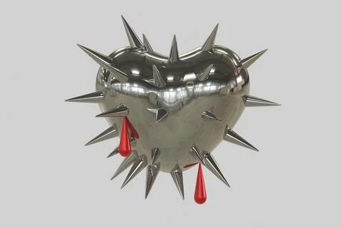Silver and blood 3d render heart with spikes minimalistic rock valentine day Stock Illustration
