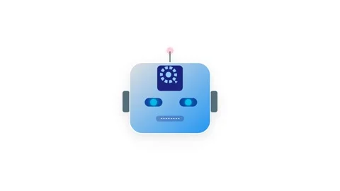 Silver and Blue Robotic Head Icon with Glowing Eyes and Rotating Internal Gea Видео 346006872