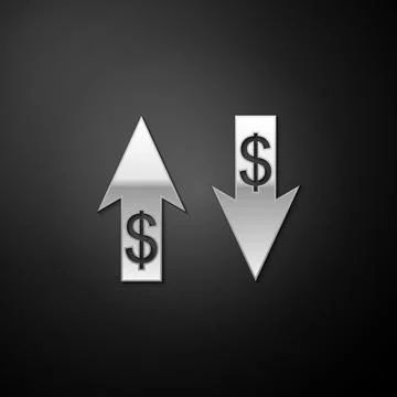Silver Up and Down arrows with dollar symbol icon isolated on black background Stock Illustration