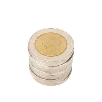 Silver and glod coin stack. town. pile. isolated on white background Stock Photos