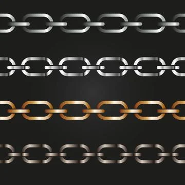 Silver and gold chains on a black background, Metal links repeat endlessly Stock Illustration