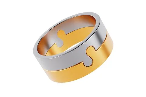 Silver and Gold Ring in Shape of Puzzle . 3d Rendering Illustrazione stock