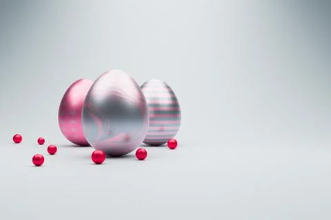 Silver and pink Easter eggs with red berries on grey stage. Illustrazione stock