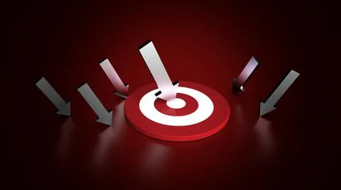Silver arrow hit in the target in dark background. Business concept. 3D Illus Stock Illustration