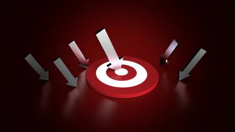 Silver arrow hit in the target in dark background. Business concept. 3D Ill.. Illustrazione stock
