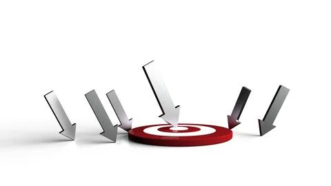 Silver arrow hit in the target no white background. Business concept. 3D Il.. Illustrazione stock