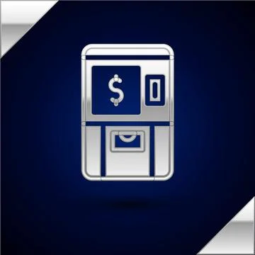 Silver ATM - Automated teller machine and money icon isolated on dark blue Stock Illustration