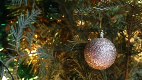 Silver ball on Christmas tree branch 스톡 동영상 75042247