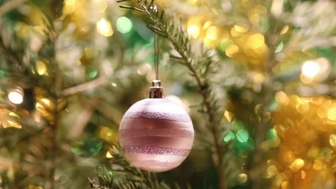 Silver ball on Christmas tree branch Stock Footage 80066899