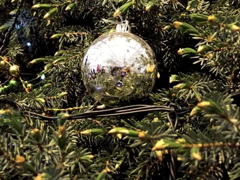 Silver ball on the Christmas tree, close up Stock-Fotos