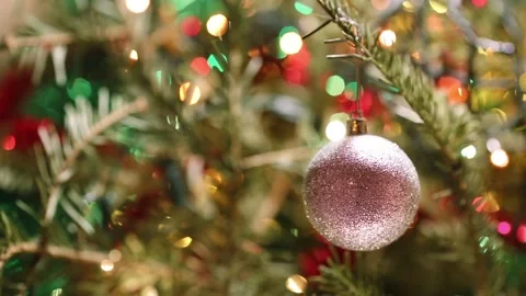 Silver ball on Chrsitmas tree branch Stock Footage 119846324