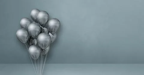 Silver balloons bunch on a grey wall background. Horizontal banner. Stock Illustration