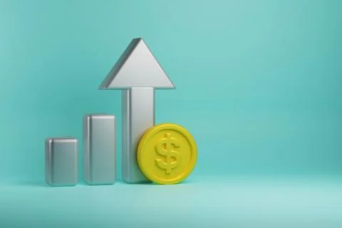 Silver bar graph upward and gold dollar coin. 3d render Stock Illustration