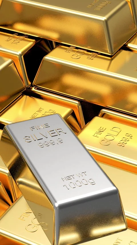 A silver bar slides along rows of gold bars. 3D render 스톡 동영상 337448244