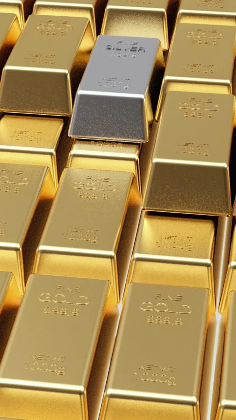 A silver bar slides forward among stacked gold bars, 3D rendering 库存影片 337878318