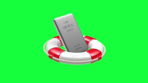 A silver bar turns into a gold bar in a life preserver, on a green screen. Stock Footage 334456676