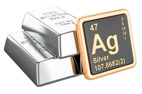 Silver bars with chemical element icon Argentum Ag, 3D rendering Stock Illustration
