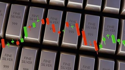 Silver bars on a dark background with red and green candlestick chart. 스톡 일러스트