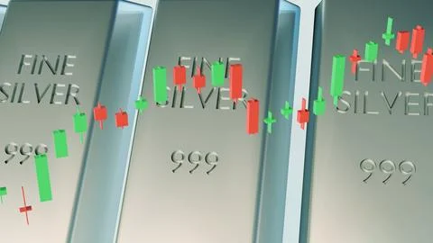 Silver bars on a dark background with red and green candlestick chart. Stock Illustration