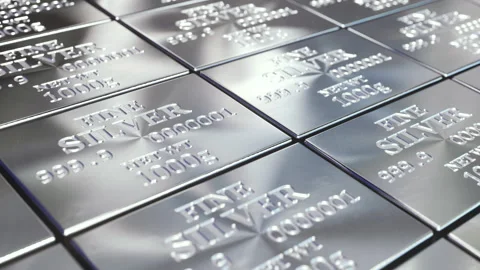 Silver bars or ingots in a row and stacks, 3d animation Stock Footage 283292580