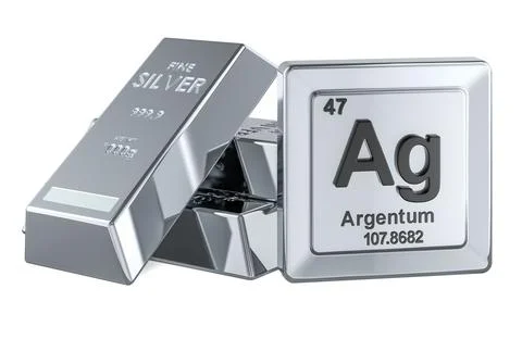 Silver bars with periodic table element Ag. 3D rendering Illustrazione stock