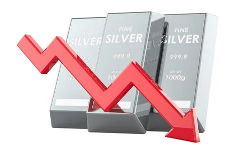 Silver bars with red downward arrow. 3D rendering Illustrazione stock