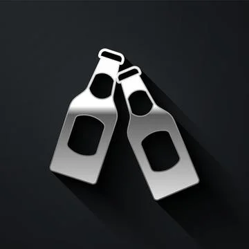Silver Beer bottle icon isolated on black background. Long shadow style. Vect Stock Illustration