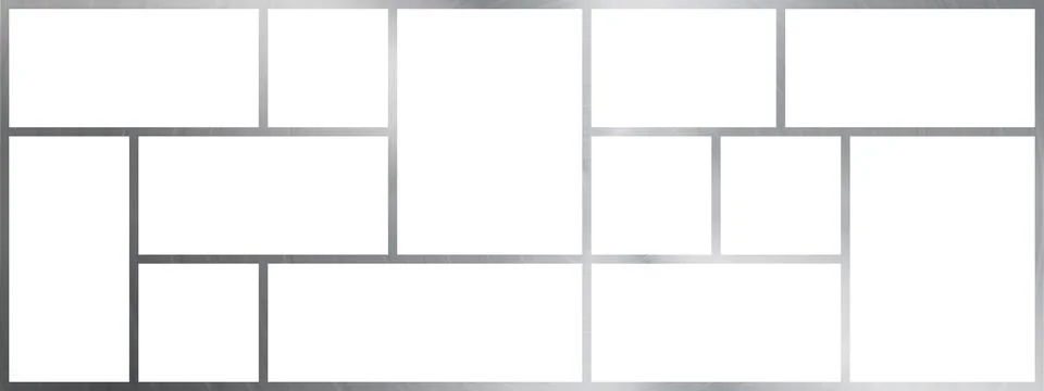 Silver bento grid horizontal moodboard overlay template. Photo mosaic collage Stock Illustration