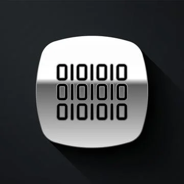 Silver Binary code icon isolated on black background. Long shadow style. Vect Stock Illustration