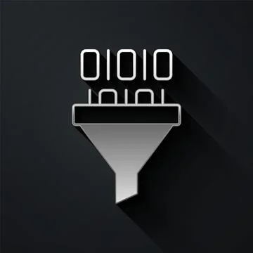 Silver Binary code icon isolated on black background. Long shadow style. Vect 스톡 일러스트