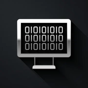 Silver Binary code icon isolated on black background. Long shadow style. Vect Stock Illustration