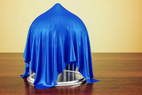 Silver bird cage covered blue cloth on the wooden table. 3D rendering Illustrazione stock