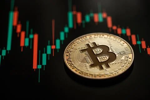 Silver Bitcoin with candle stick graph chart and digital background Stock Photos