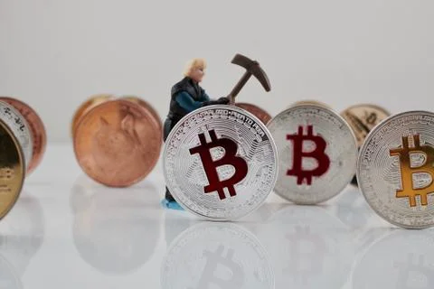Silver bitcoin coin mining Stock Photos
