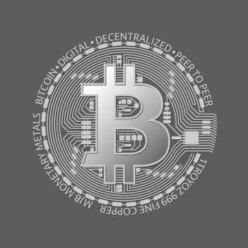 Silver bitcoin coin, vector crypto currency silver symbol Illustrazione stock
