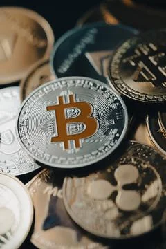Silver bitcoin cryptocurrency Stock Photos