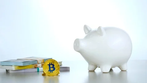 Silver Bitcoin cryptocurrency with USD and Euros and big white moneybox pig Stock Footage 88783010
