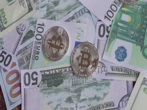 Silver bitcoin falls on dollars and euro. Money Video stock 81922733