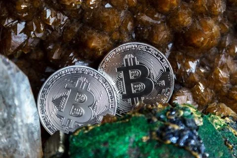 Silver bitcoin in the stone 스톡 사진