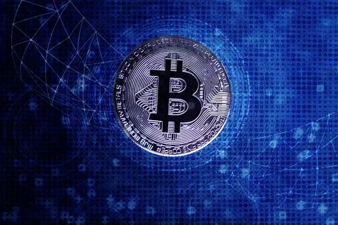 Silver bitcoin, tech background, electronic payment system, charts, sale char Stock Photos