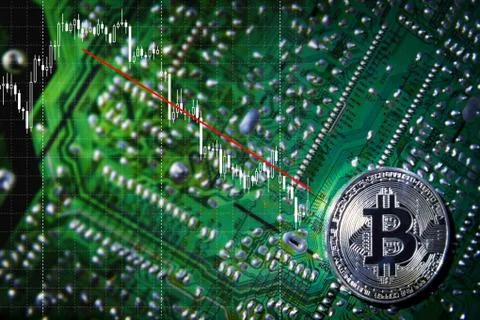 Silver Bitcoins on the chip. Trend down. The green background. Crypt Of Safety Stock Photos