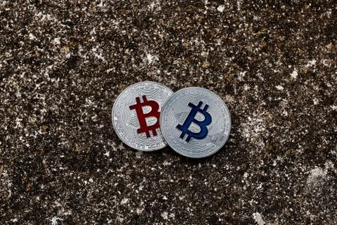 Silver bitcoins dark scene Stock Photos