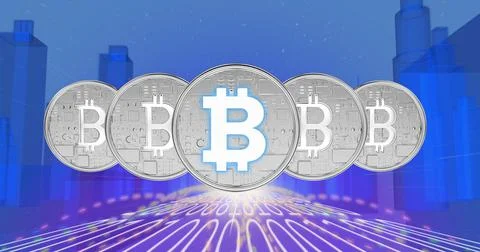 Silver bitcoins over binary coding data processing against cityscape 스톡 일러스트