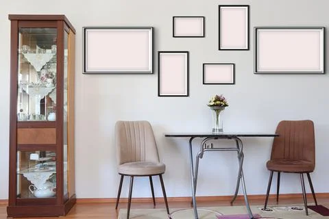 Silver Black Picture Frames on the room wall for Mockup. 스톡 사진