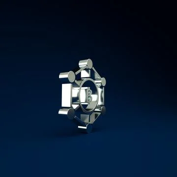 Silver Blockchain technology Bitcoin icon isolated on blue background. Abstra Illustrazione stock