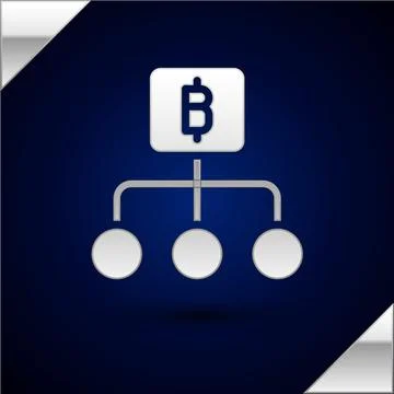 Silver Blockchain technology Bitcoin icon isolated on dark blue background Stock Illustration
